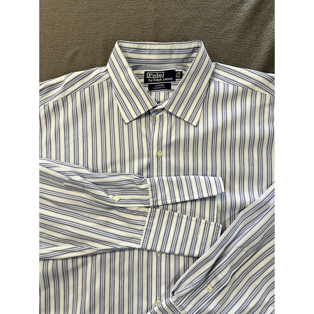 Polo Ralph Lauren Mens 17.5/35 Durham Classic Fit Blue Stripe LS Dress Shirt